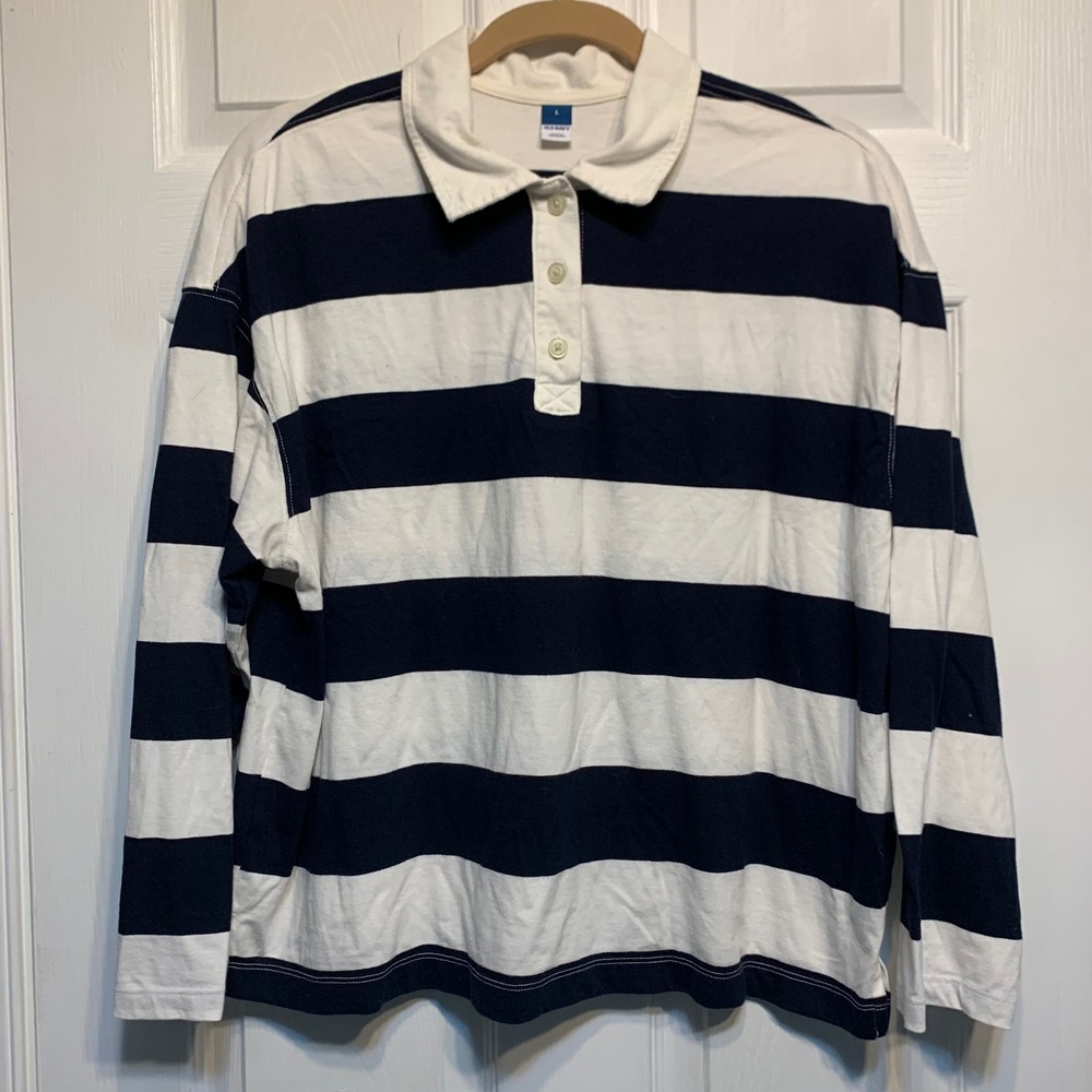 Old Navy Rugby Shirt Large Navy White Striped Long Sleeve Cotton Polo Nautical
